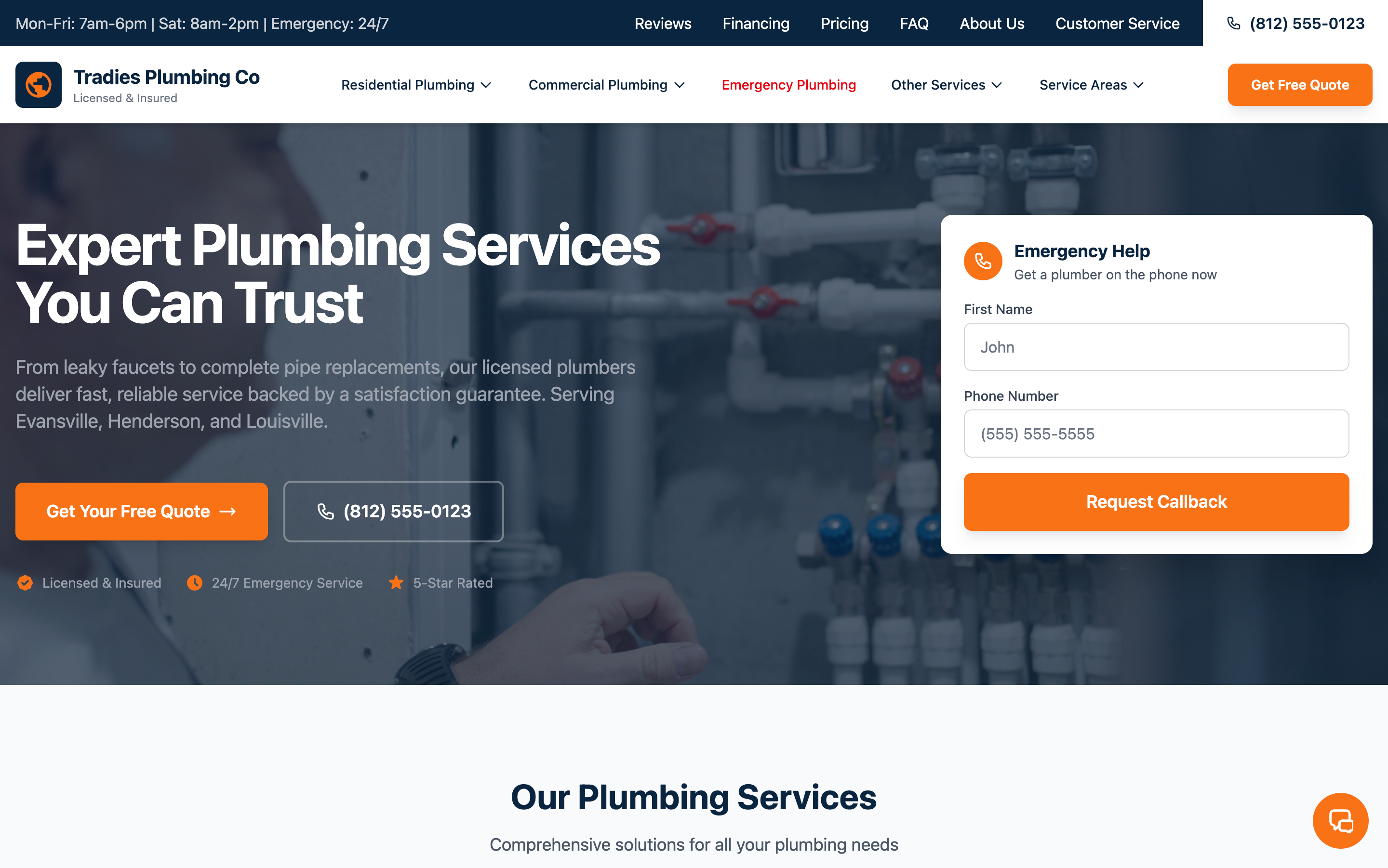 Tradies Plumbing Co website - Example contractor website
